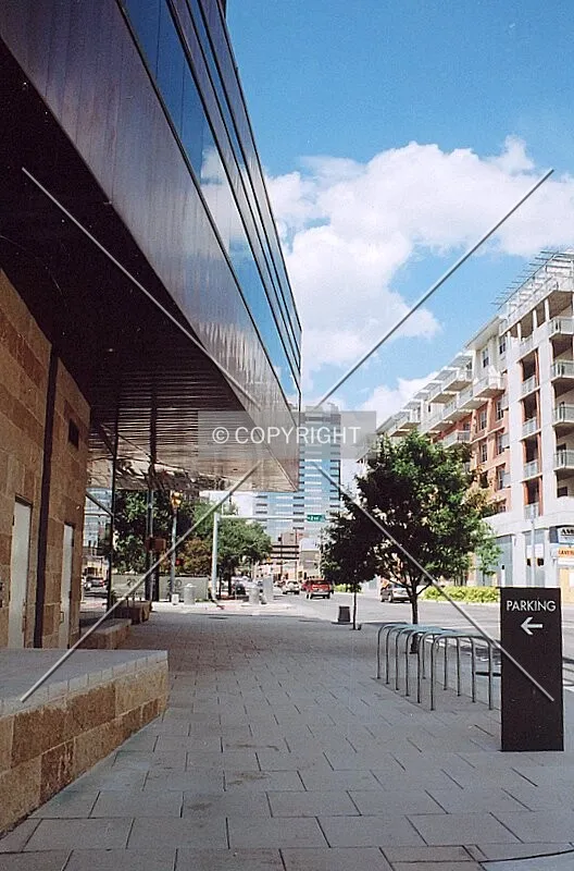 View from sidewalk on the east side of the building