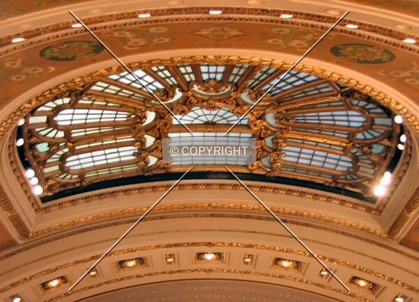 E.E. Garnsey ceiling depicting La Salle, Hennepin, Perrot, and Duluth in the House of Representatives Chamber, from the gallery