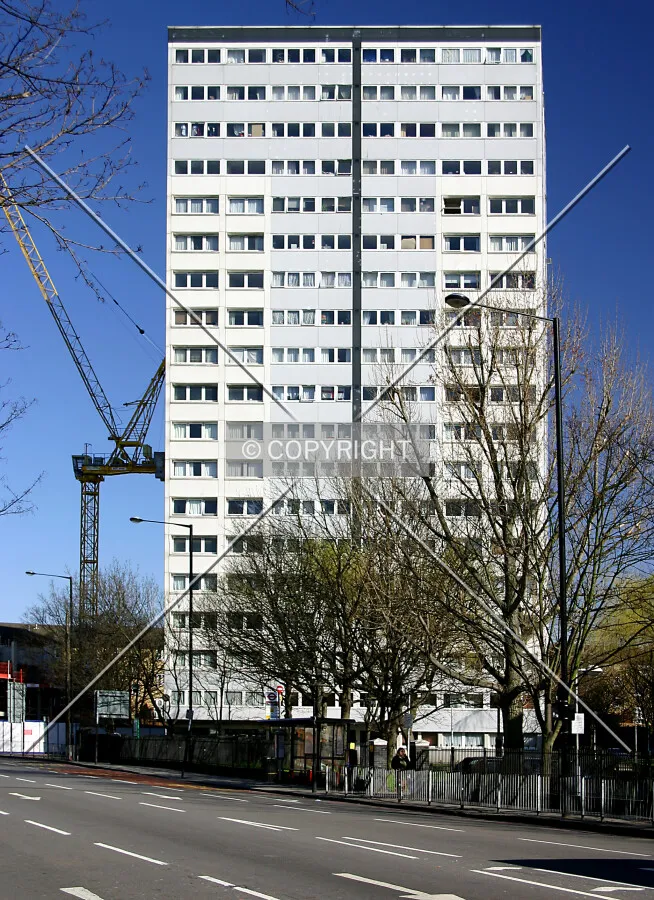 Full-height view east from the junction of Tollington Road and Hornsey Road