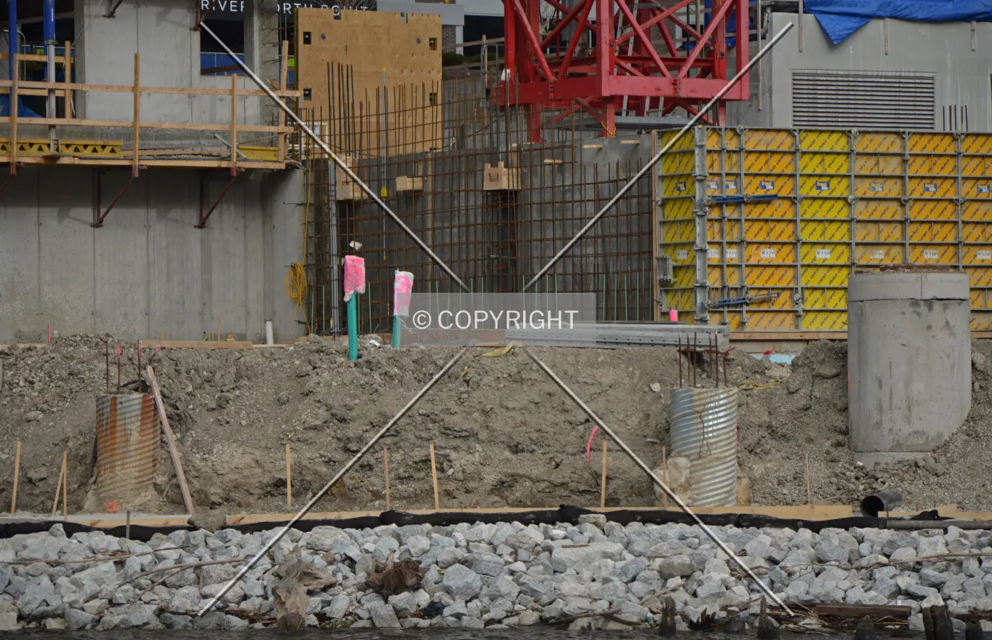 Formwork and the base of the tower crane to the east of the tower footprint. November 17, 2014.