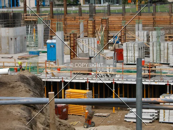 Elevator core on left, garage extending to the right to the East Tower, from Old Shakopee Road