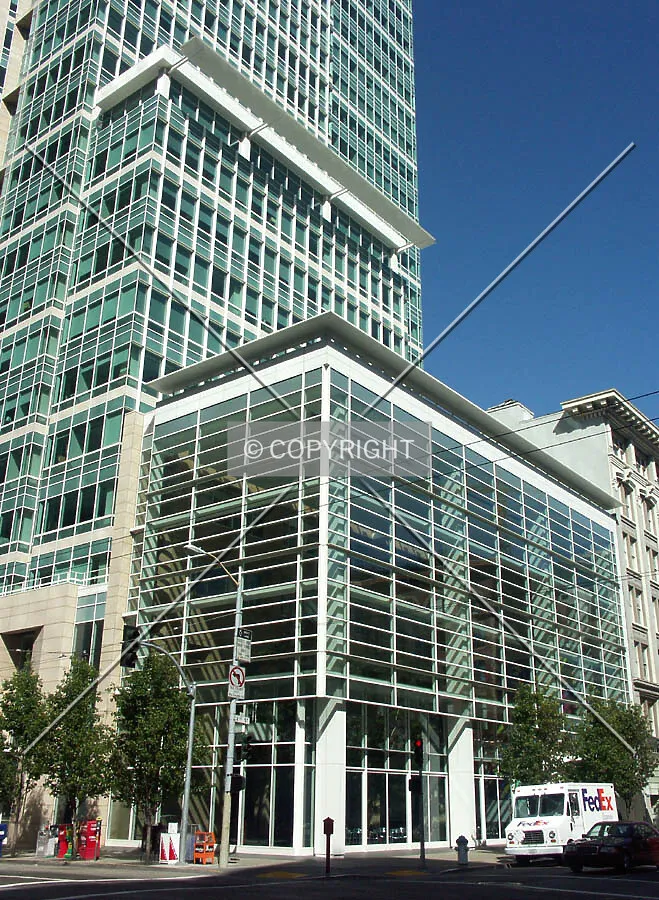 View of the base of building at the corner of 2nd and Mission