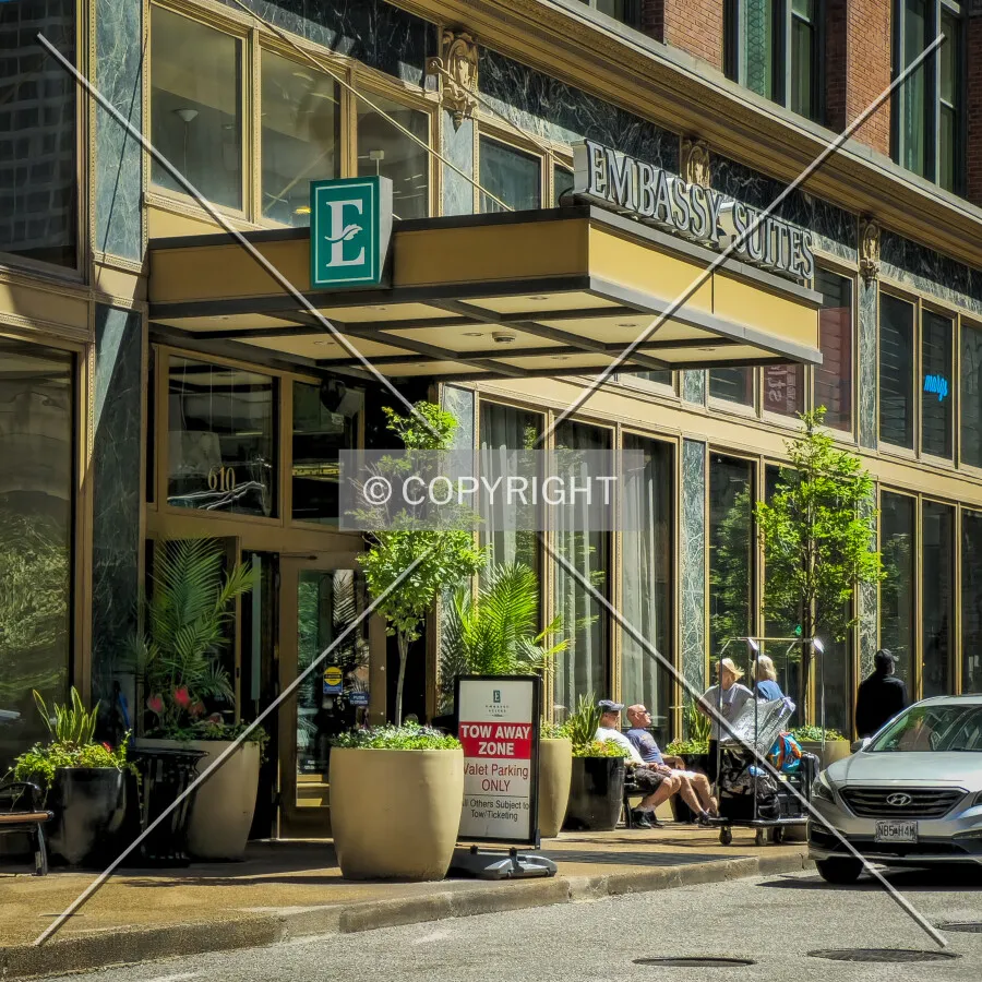 Hotel entrance from the northwest; May 11, 2024