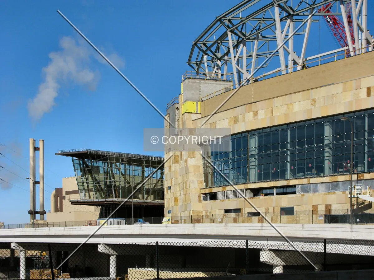 View to the north from 3rd Avenue North, with the 7th Street viaduct and the Hennepin County Waste-to-Energy facility