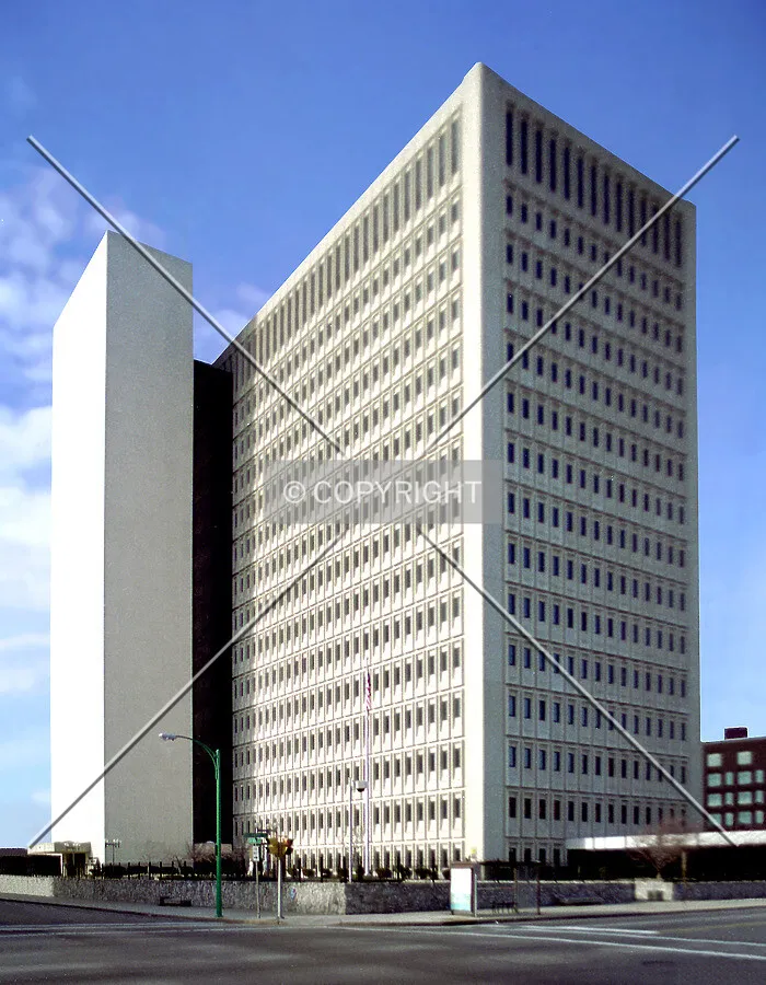 View from the southeast across Huron Street and Delaware Avenue