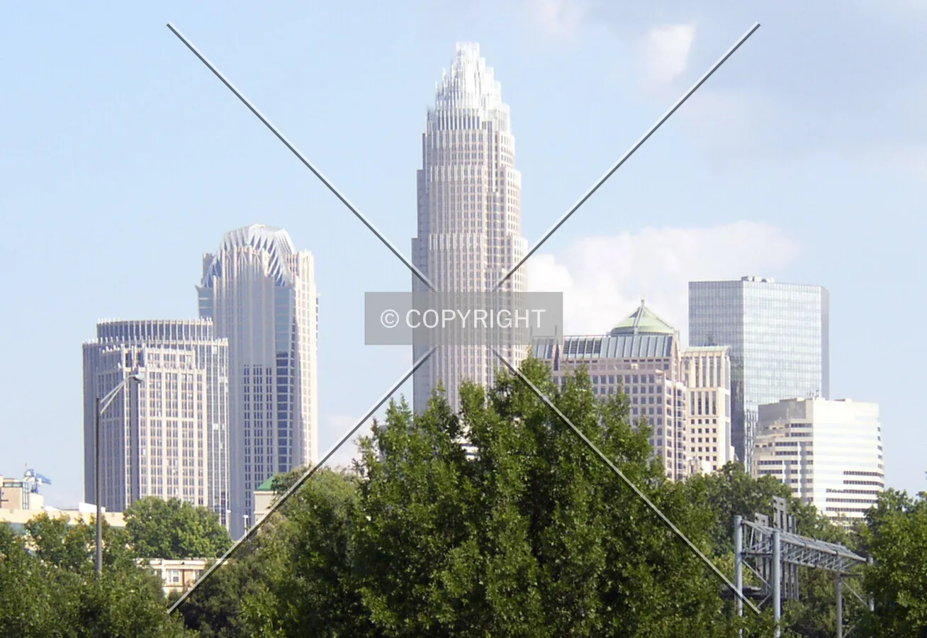 Looking east from across Interstate 77 towards the North Tryon skyscraper cluster