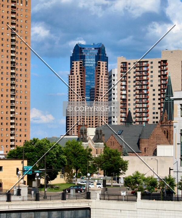 Distant view to the southeast from 12th Street, flanked by the Pointe of St. Paul and City Walk
