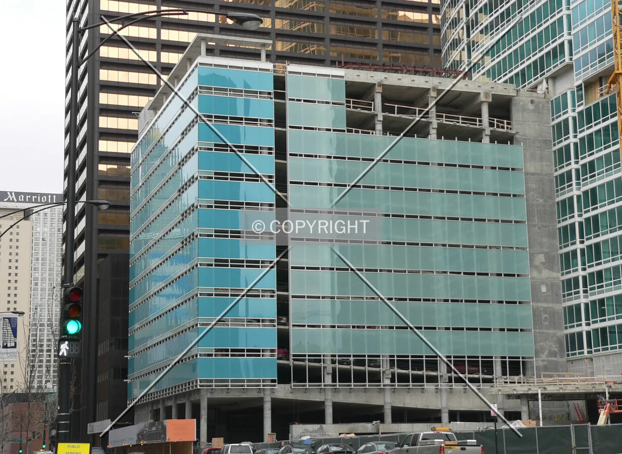 View of the parking structure from the corner of Grand Avenue and McClurg Court