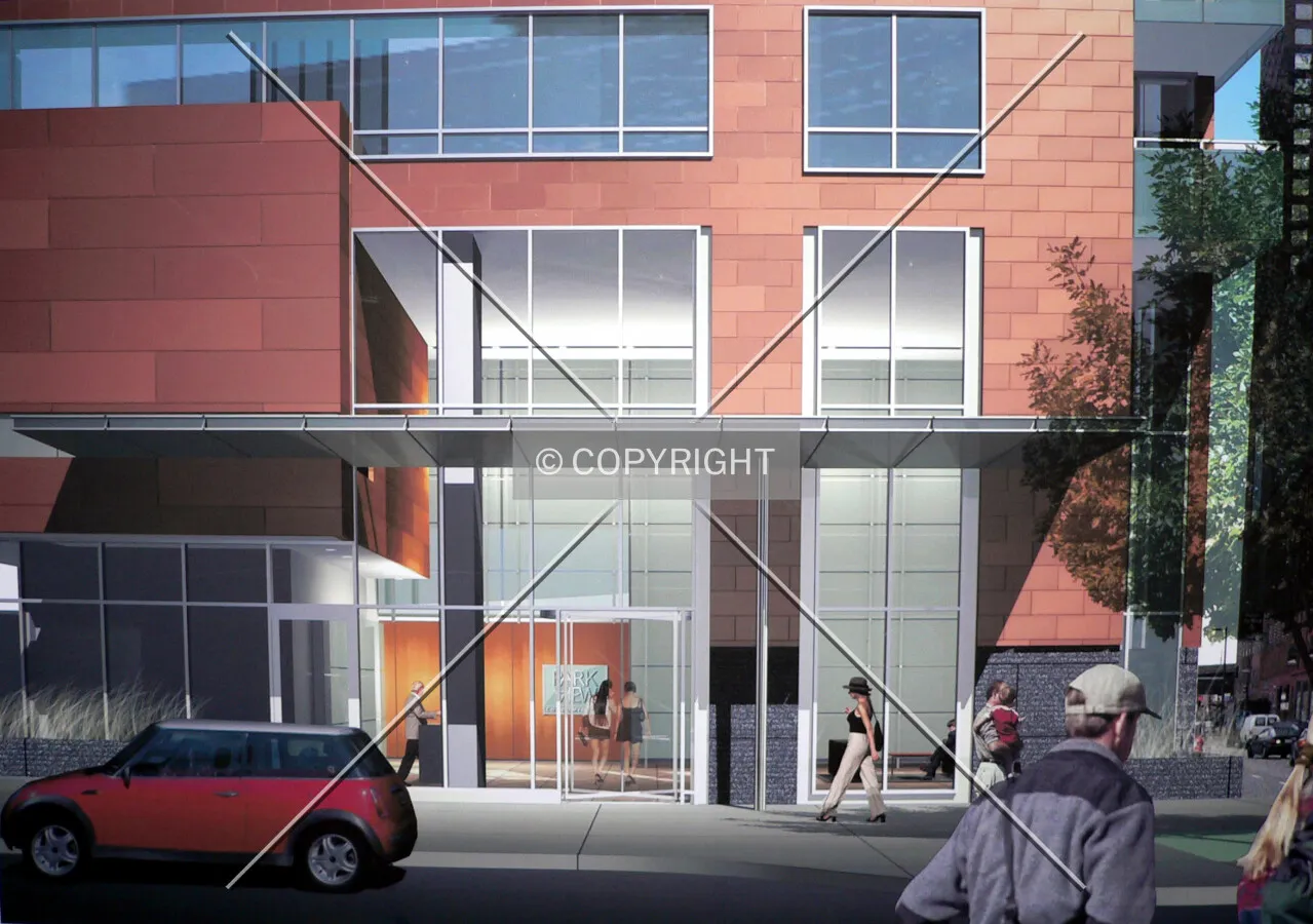Photograph of a rendering of a lobby perspective