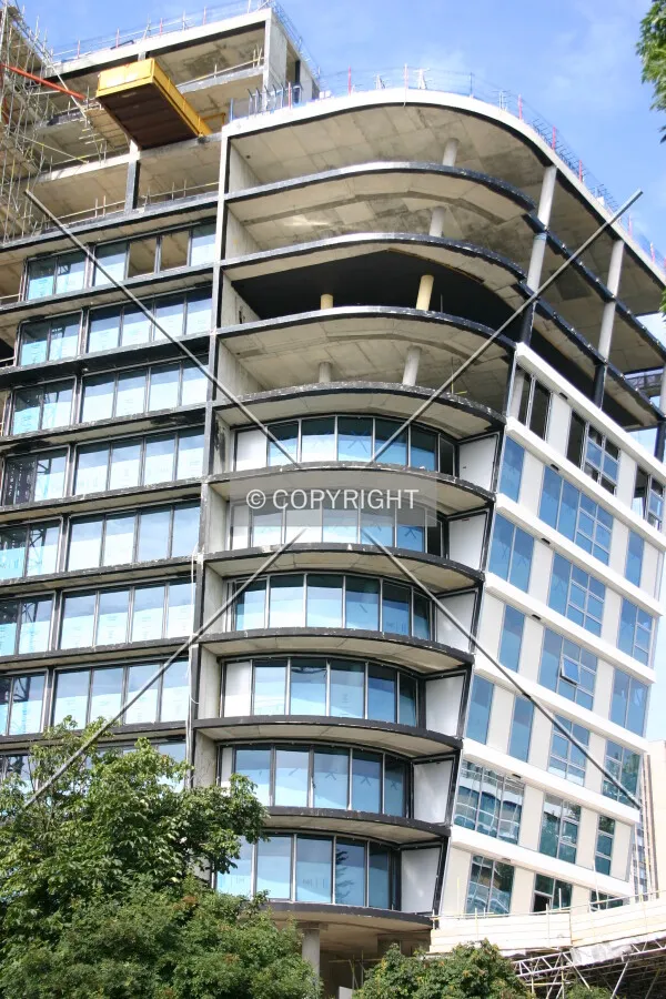 The southwest corner, now almost completely clad