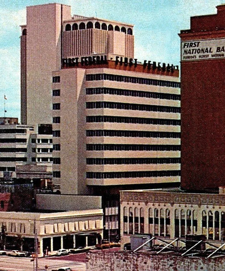 Vintage view from the southwest, showing former First Federal sign
