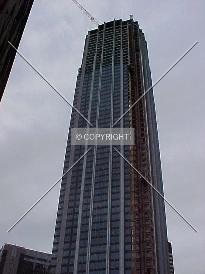 Looking up from the southeast corner of Illinois Street and McClurg Court