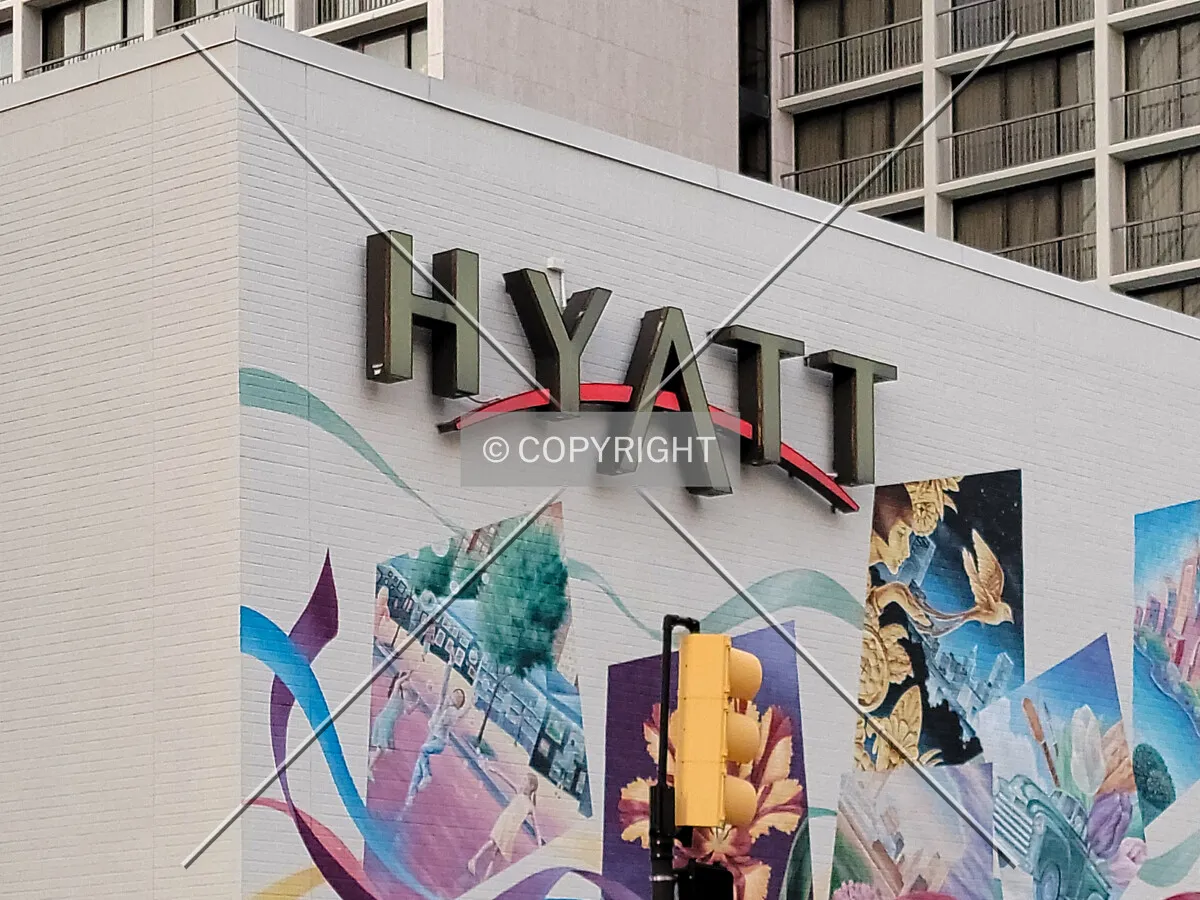 Hyatt logo on the south facade; April 2, 2021