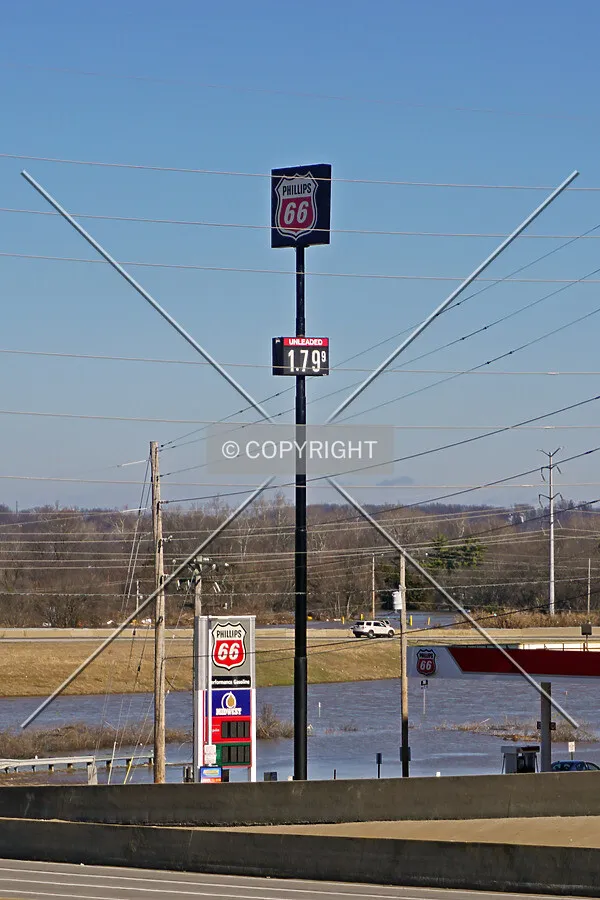 View from the southwest with flooding from the Meramec River surrounding its base; January 1, 2016