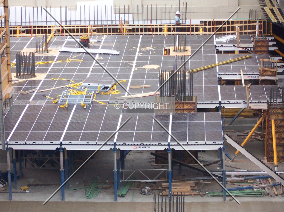 Temporary decking in place for the pouring of the concrete slab in the southeast corner of the tower base