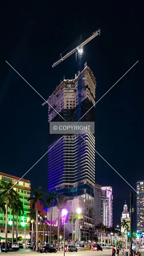From the southeast at night during construction; June 1, 2021