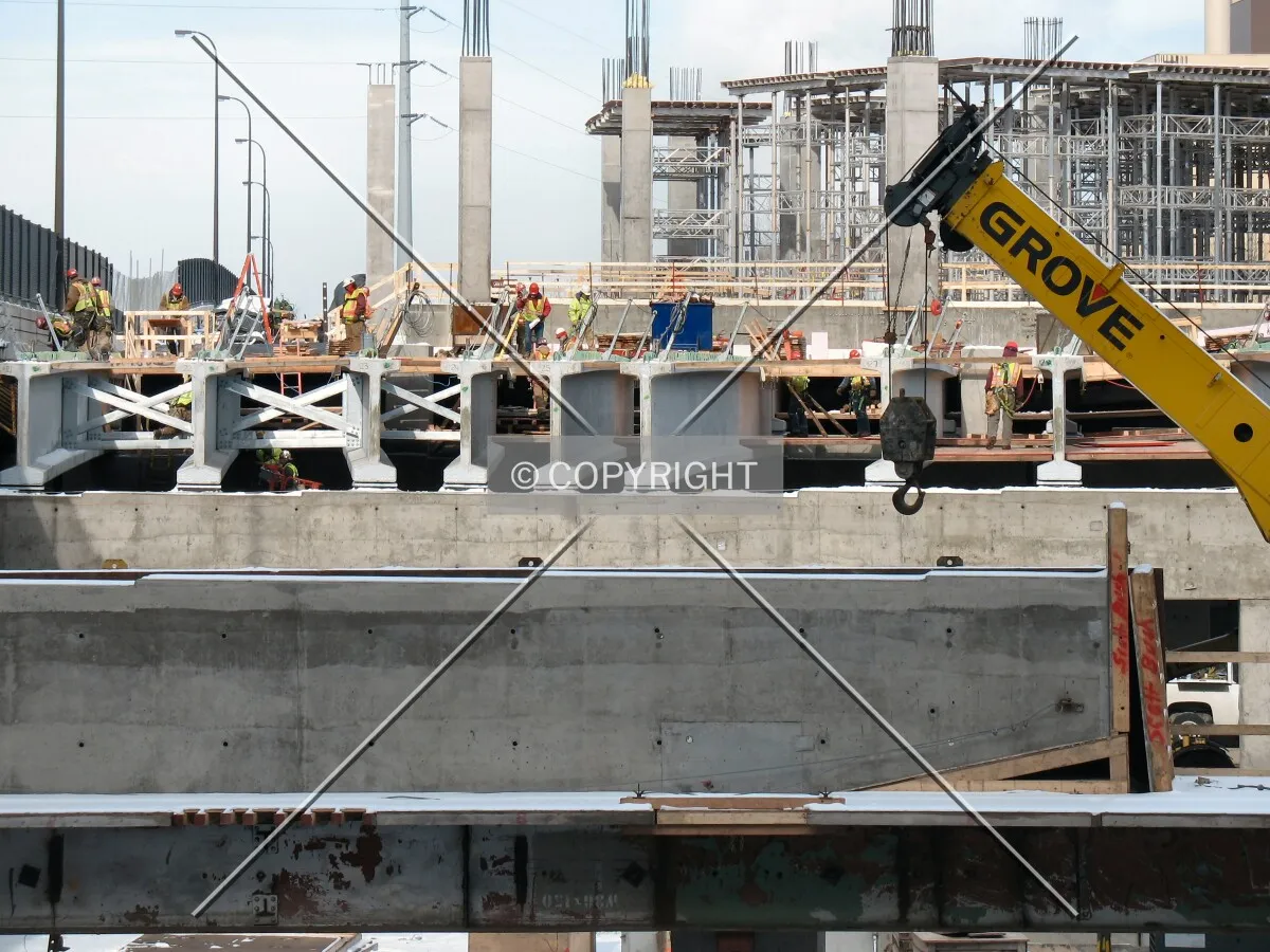View to the northwest from 2nd Avenue North, massive beams decking over Interstate 394