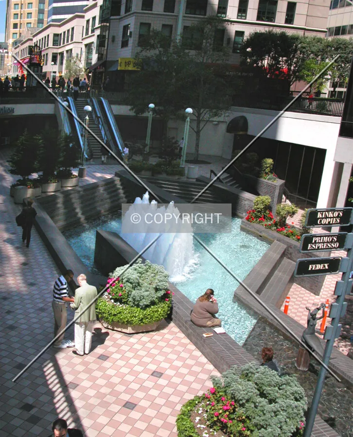 Sunken plaza with dancing fountains