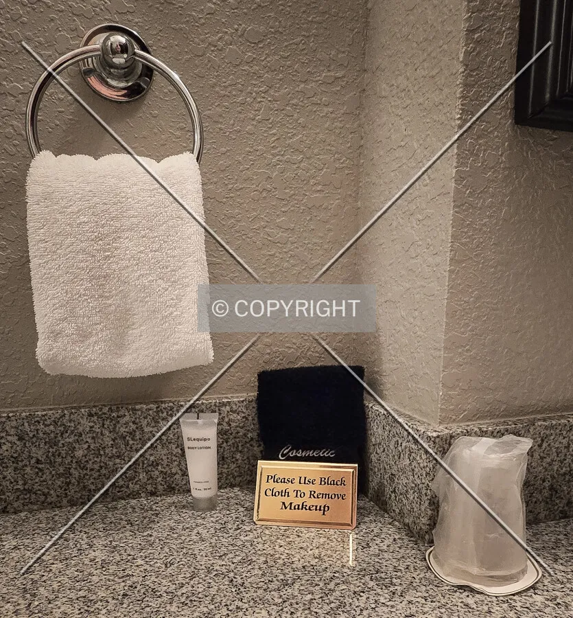 Bathroom counter in a guest room; March 29, 2025