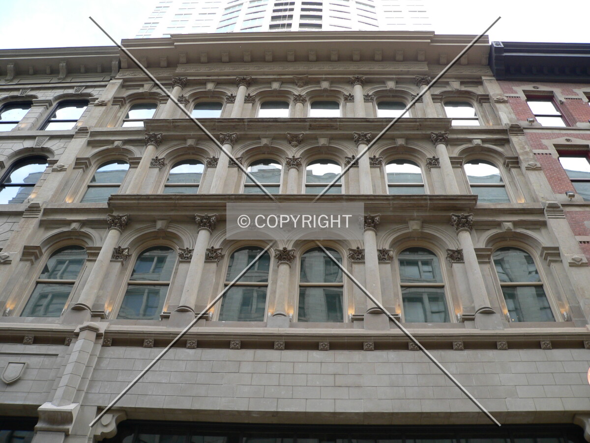 Looking up at one of the restored facades on the Wabash Avenue side (C)