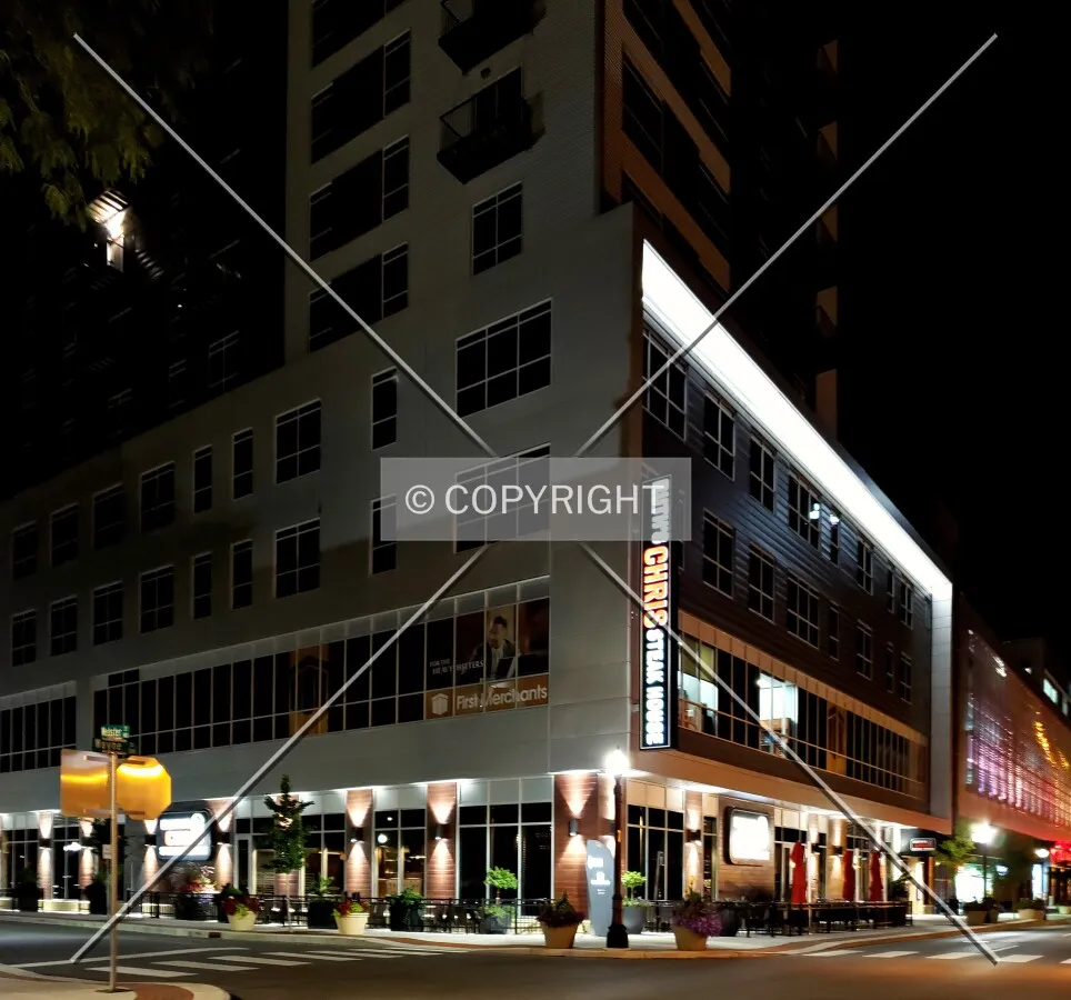 Northwest corner at night; August 10, 2019