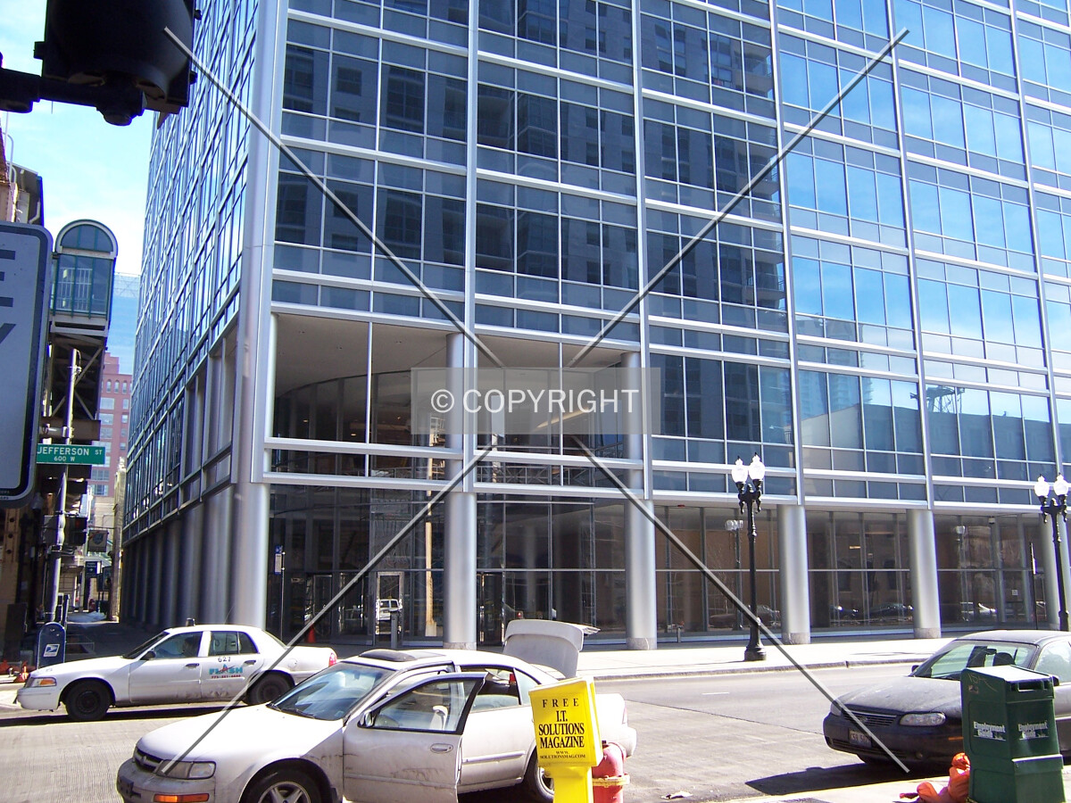 View of the northwest corner and entrance at the intersection of Jefferson and Lake Streets