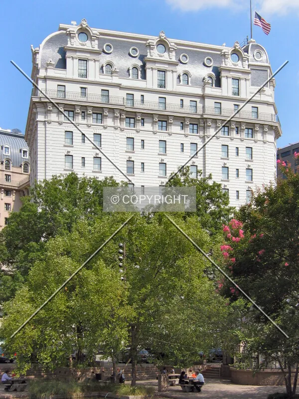 Top floors rising above the trees of Pershing Park