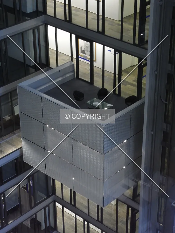 Inside Deutsche Börse Cube building - Looking down on a meeting zone