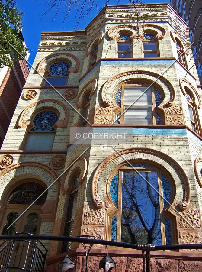 Looking up the front facade; October 29, 2005.