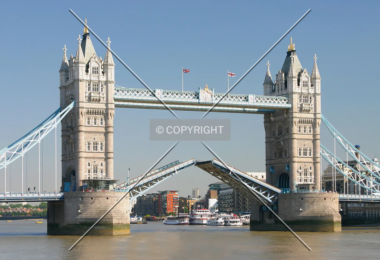 Southeast from the Tower of London of the partially open bascules