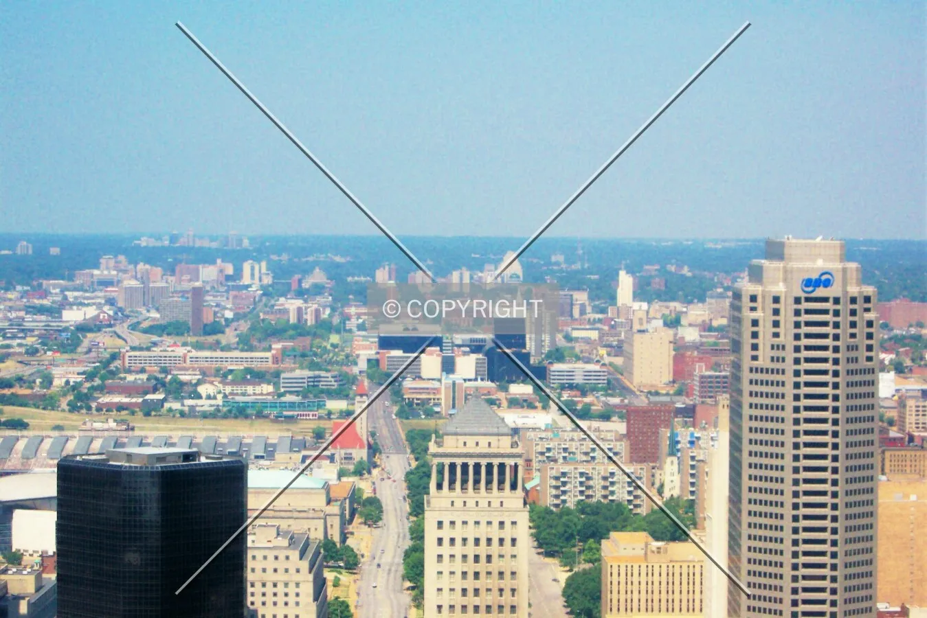 View from the Gateway Arch across downtown towards the Clayton skyline in the distance