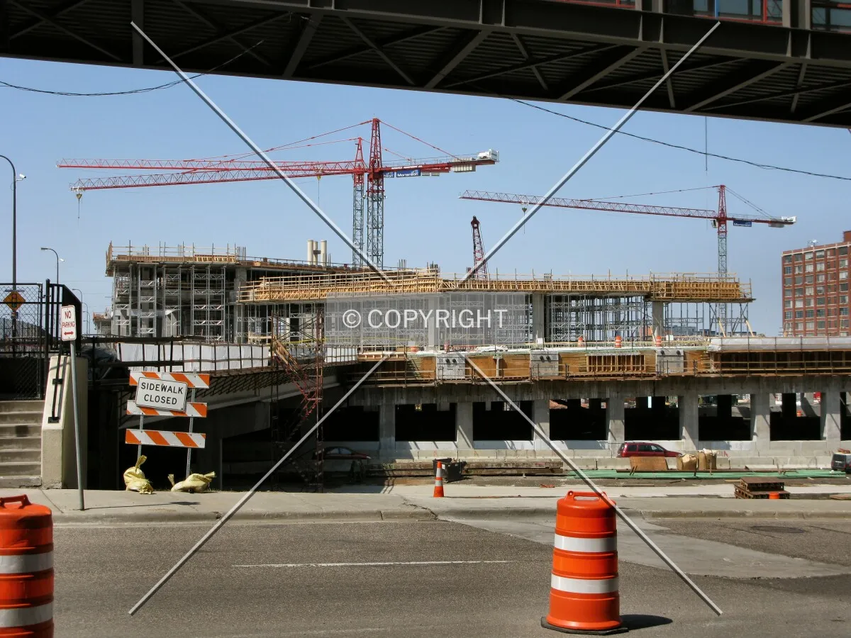 View to the northwest from the west corner of the Target Center, under a skyway