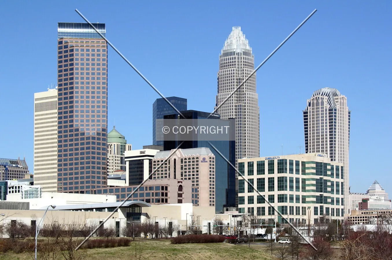 Partial skyline view from across Interstate 277 to the south