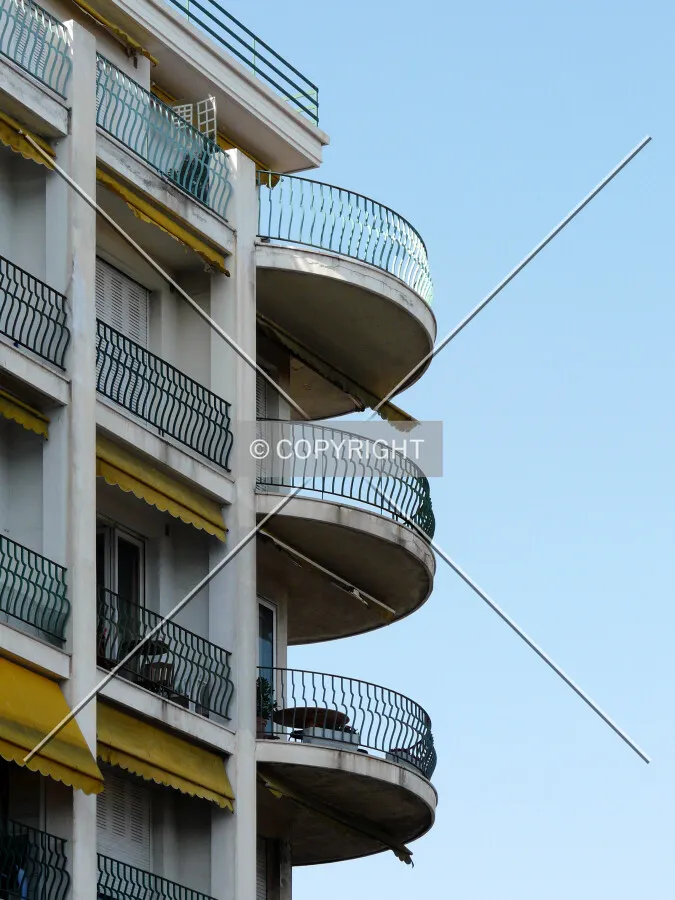 Rounded balconies of the east corner, viewed from the south