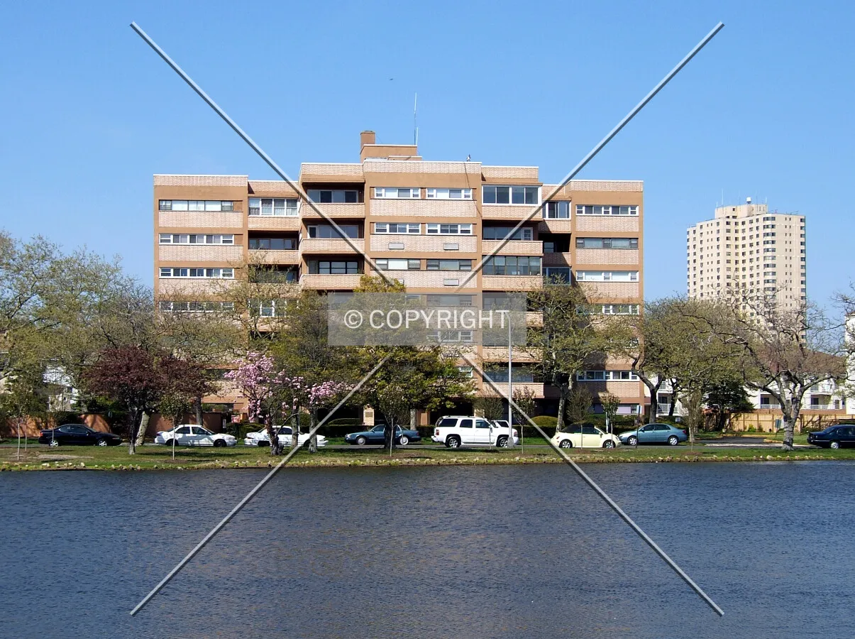 View from the southwest across Sunset Lake with Asbury Towers to the right