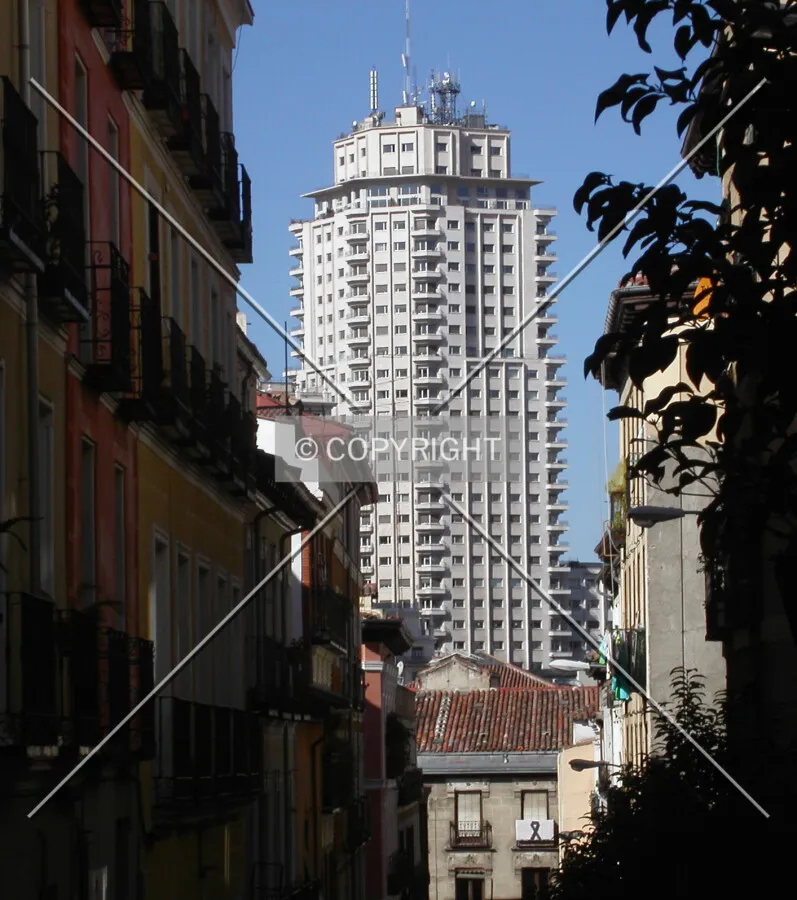 Tower seen from the narrow streets in Malasaña district