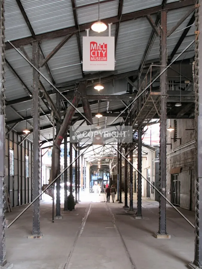 Former train shed for the working mill, tracks still present, now the east entrance