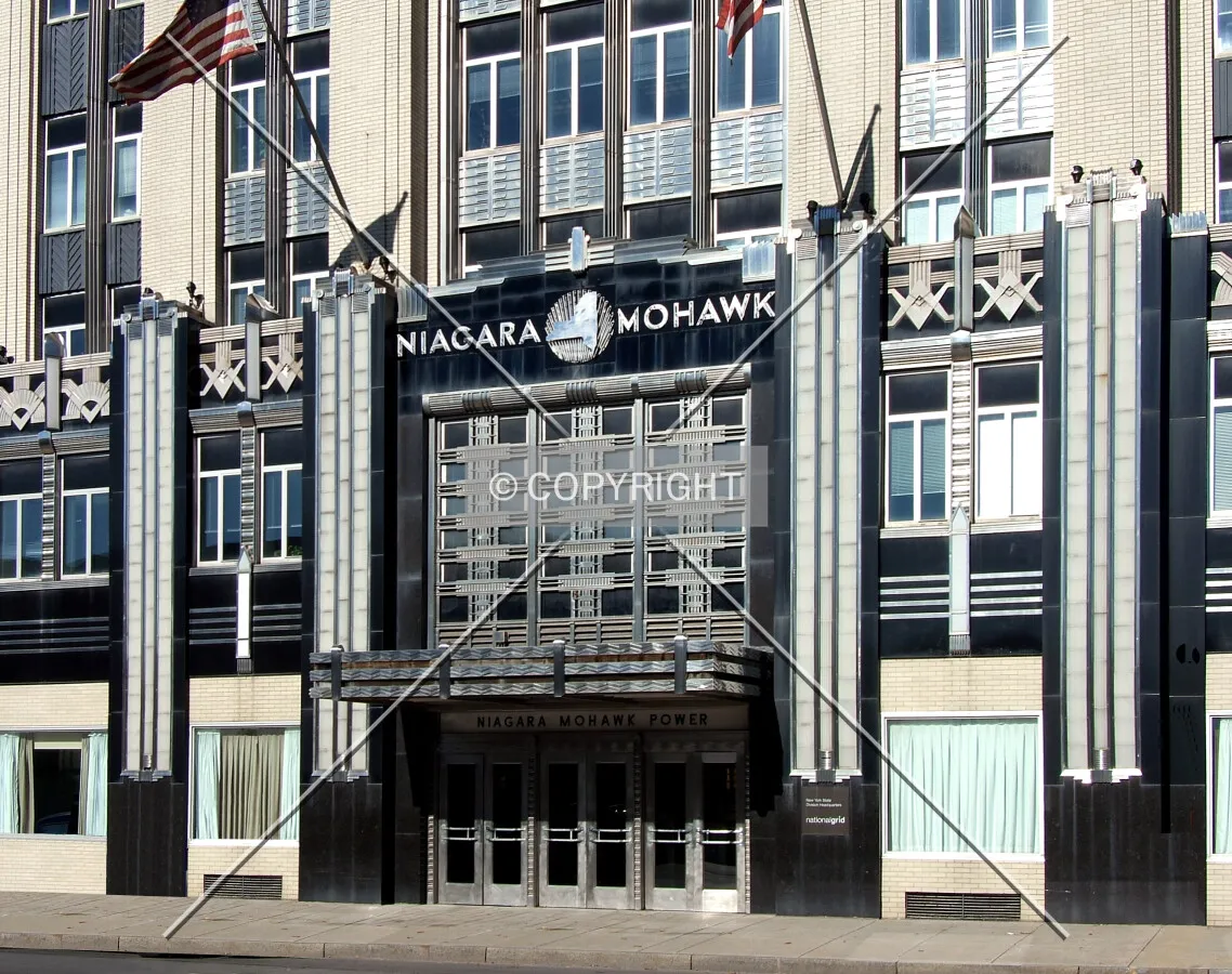 View from the southeast of the main entrance area on Erie Boulevard