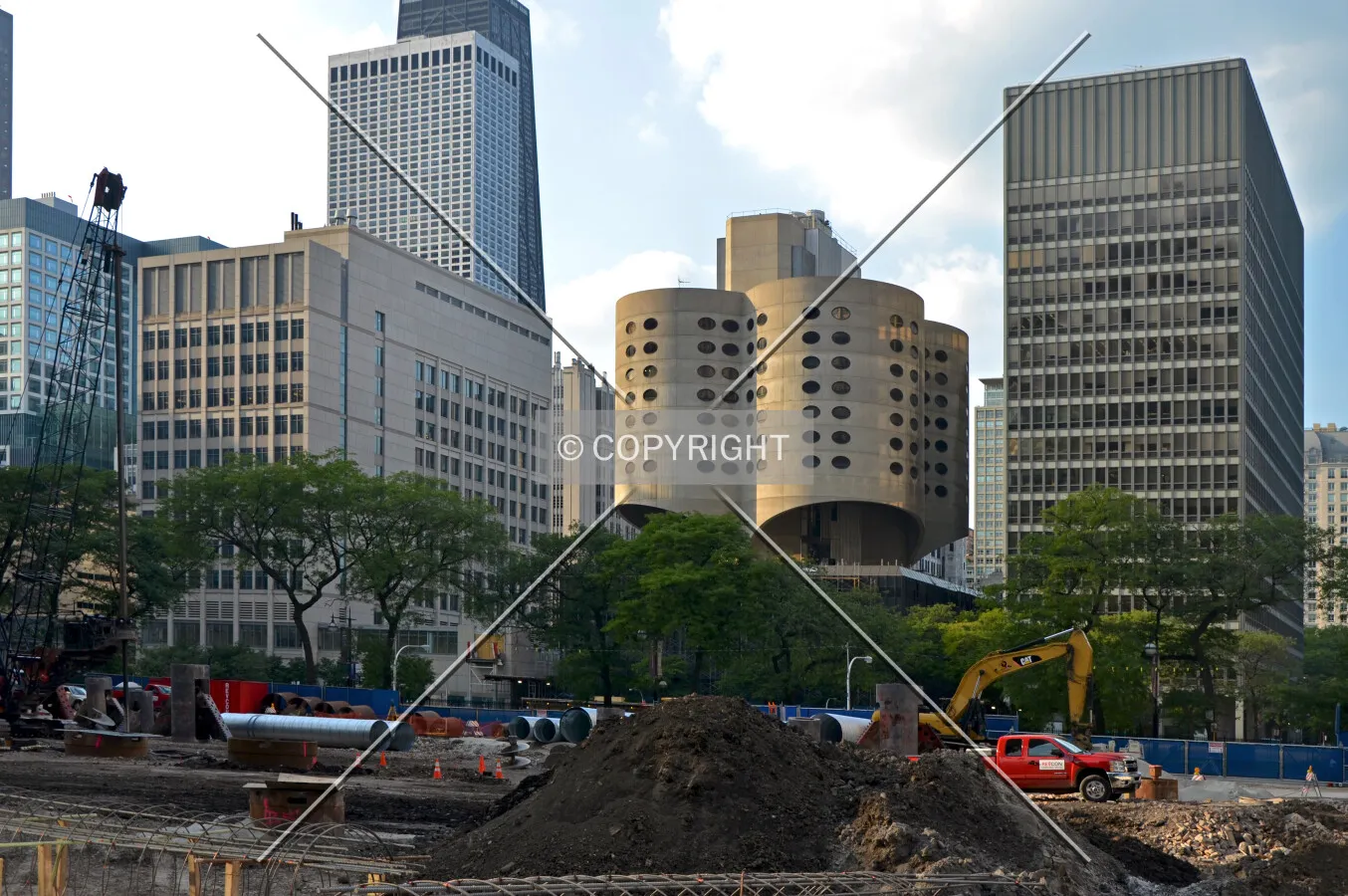 Looking northwest across the site from McClurg Court. The old Rehabilitation Institute Center and neighboring old Prentice Hospital are seen in the background. September 6, 2013.