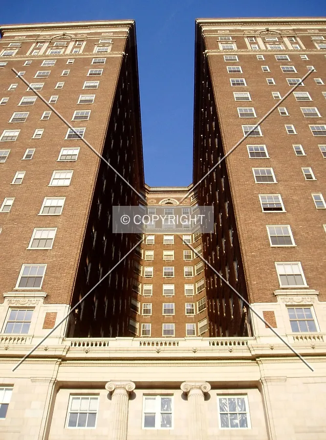 Looking up between the middle and south wings, from South 9th Street
