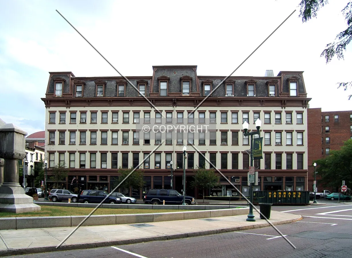View from the northeast across River Street and Broadway at Monument Square