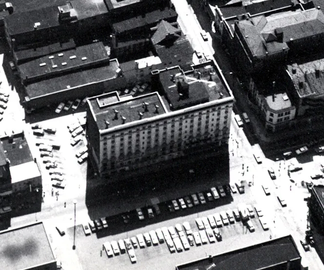 View from the north - note Queen Street to the right of the building