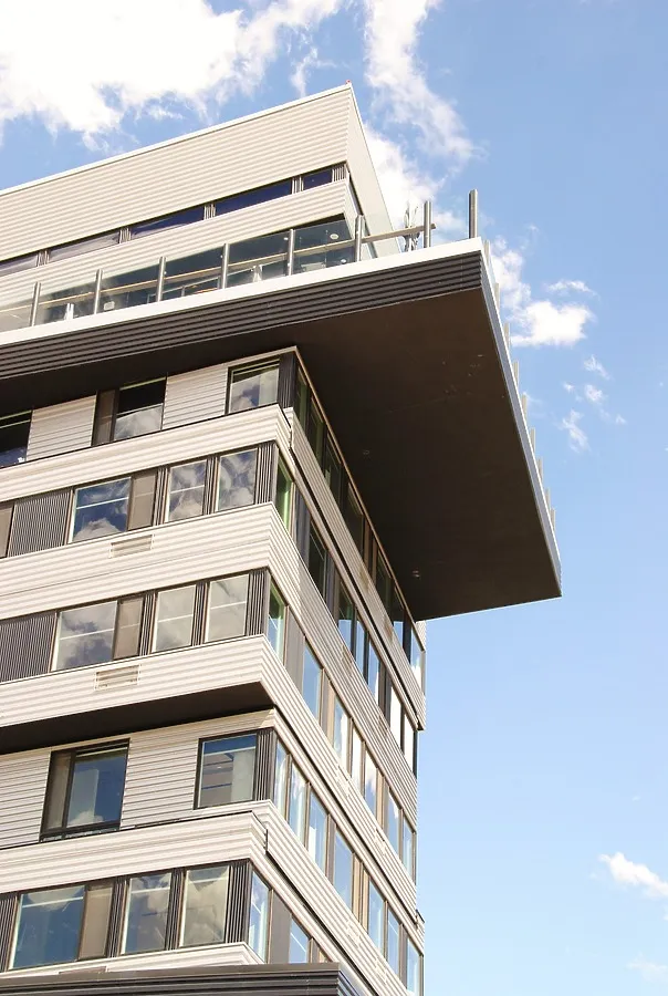 Looking up at the balcony from the northwest