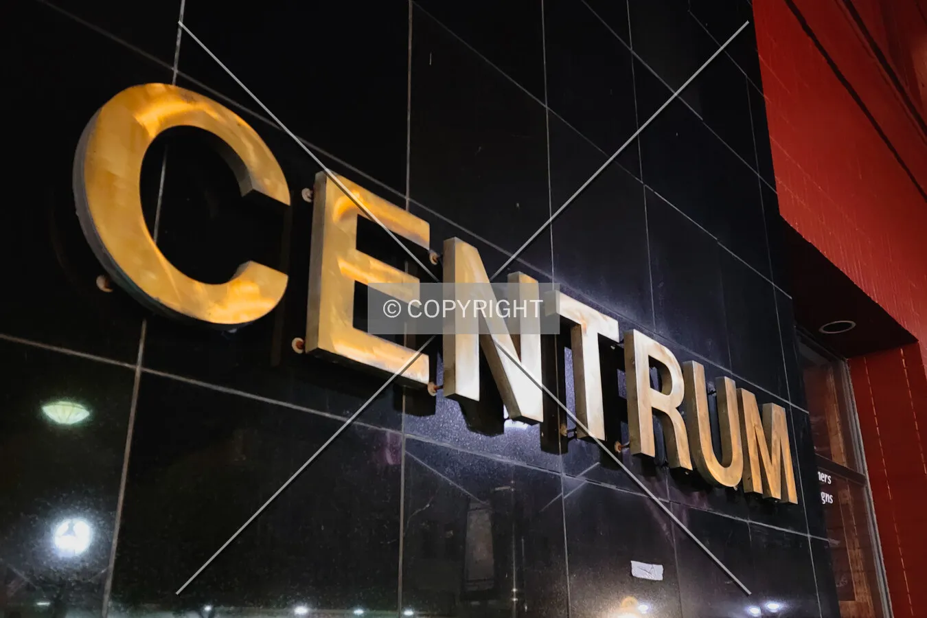 Night view of the building sign; September 6, 2021