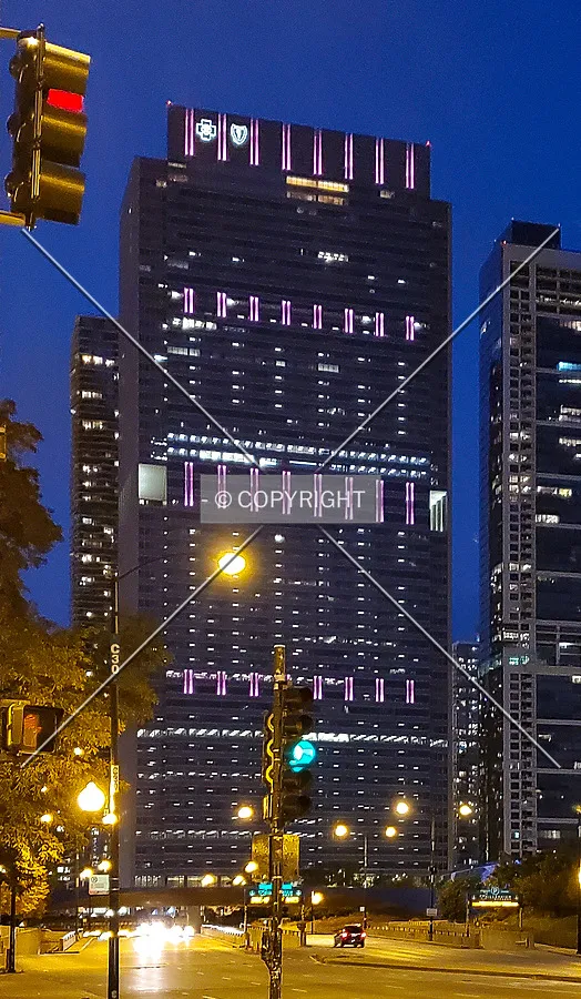 Evening view from the southwest while lit up in purple; October 10, 2020