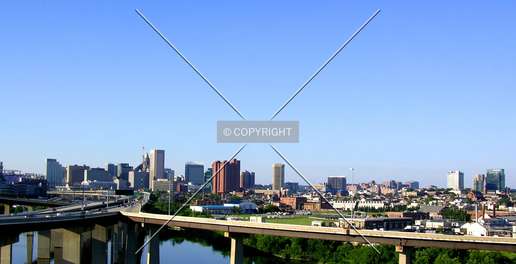 Downtown Baltimore skyline from the Interstate 95 at Interstate 395 junction to the southwest