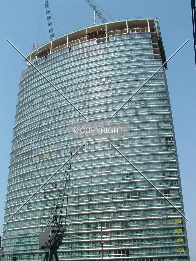 Close up view of the nearly externally complete tower