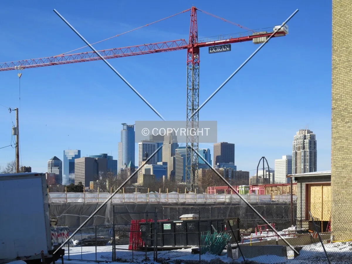 View to the southwest from 2nd Street SE, with the downtown Minneapolis skyline