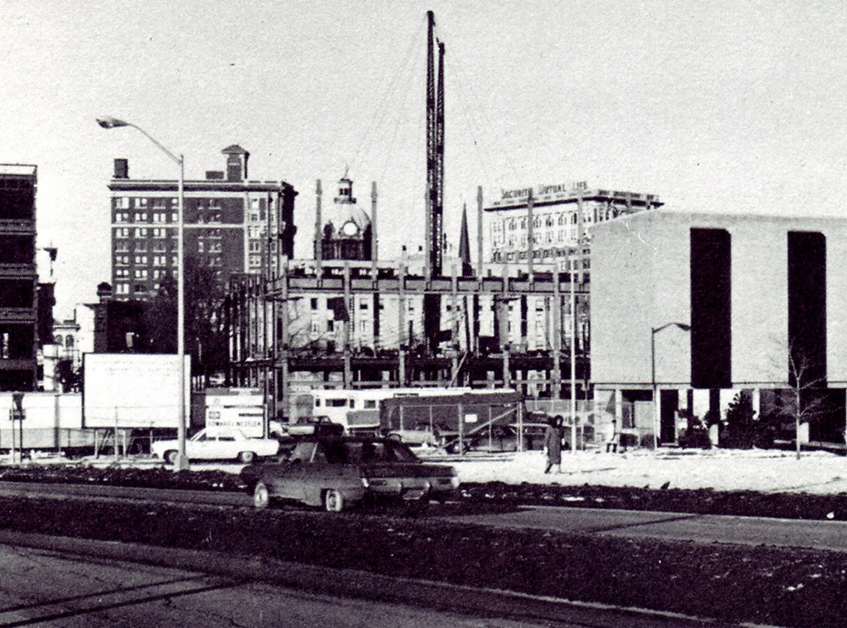 View from the south across State Street showing steel framing of lower stories