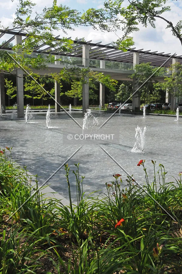 Looking northwest across the fountain pool in the center of the motor court